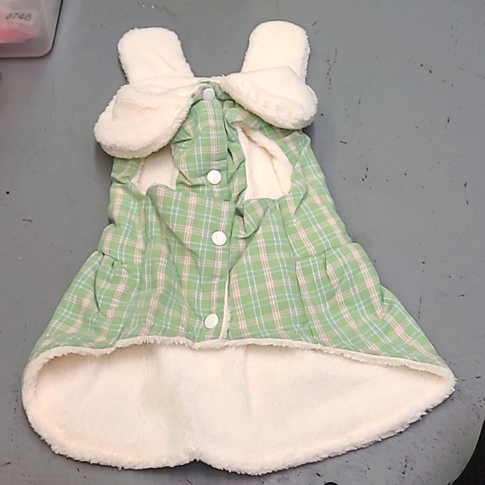 Green Plaid Size Large Dog Coat with Bunny Ears